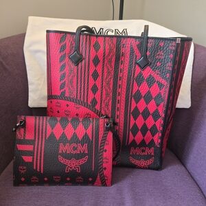 MCM Women's Red and Black Tote and Crossbody Bag Set